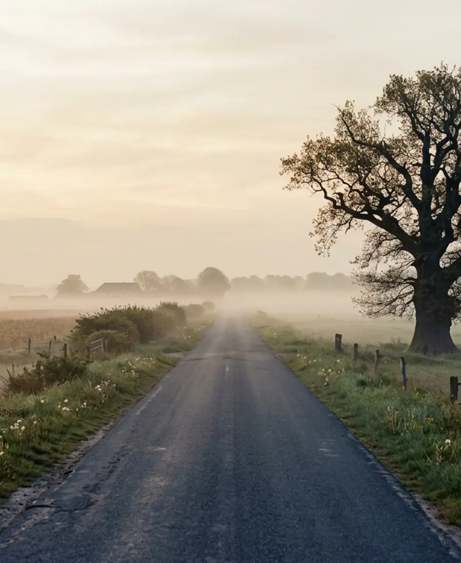 A long country road through misty fields at dawn, an old oak tree beside it.